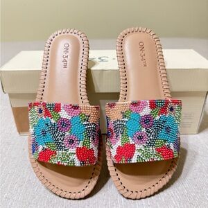 On 34th Mavise Floral Beaded Tan Slide Sandals